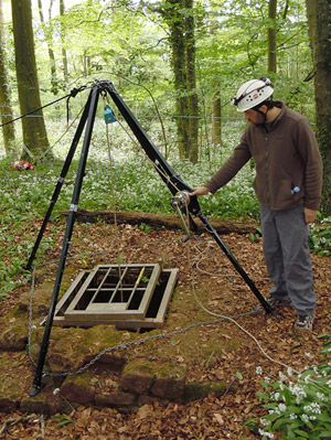 Gloucestershire Fire & Rescue's quadpod over one of the Wigpool mine shafts.