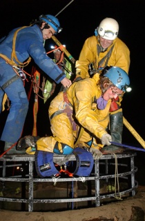Dr Mandy Willams exiting Chapel shaft, after acting as the stretcher 'Jockey'
